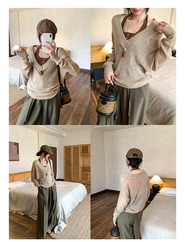 Faux Two-Piece Wool V-Neck Knit Sweater | Tajstylo
