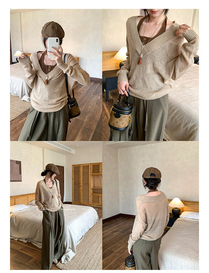Faux Two-Piece Wool V-Neck Knit Sweater | Tajstylo