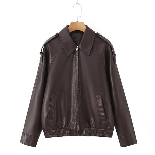 Collar PU Leather Jacket | Tajstylo