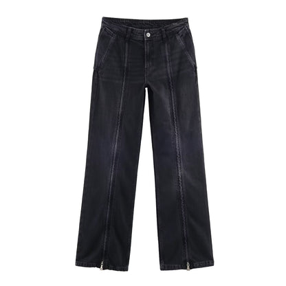 Mid Waist Wide Leg Zipper Jeans | Tajstylo