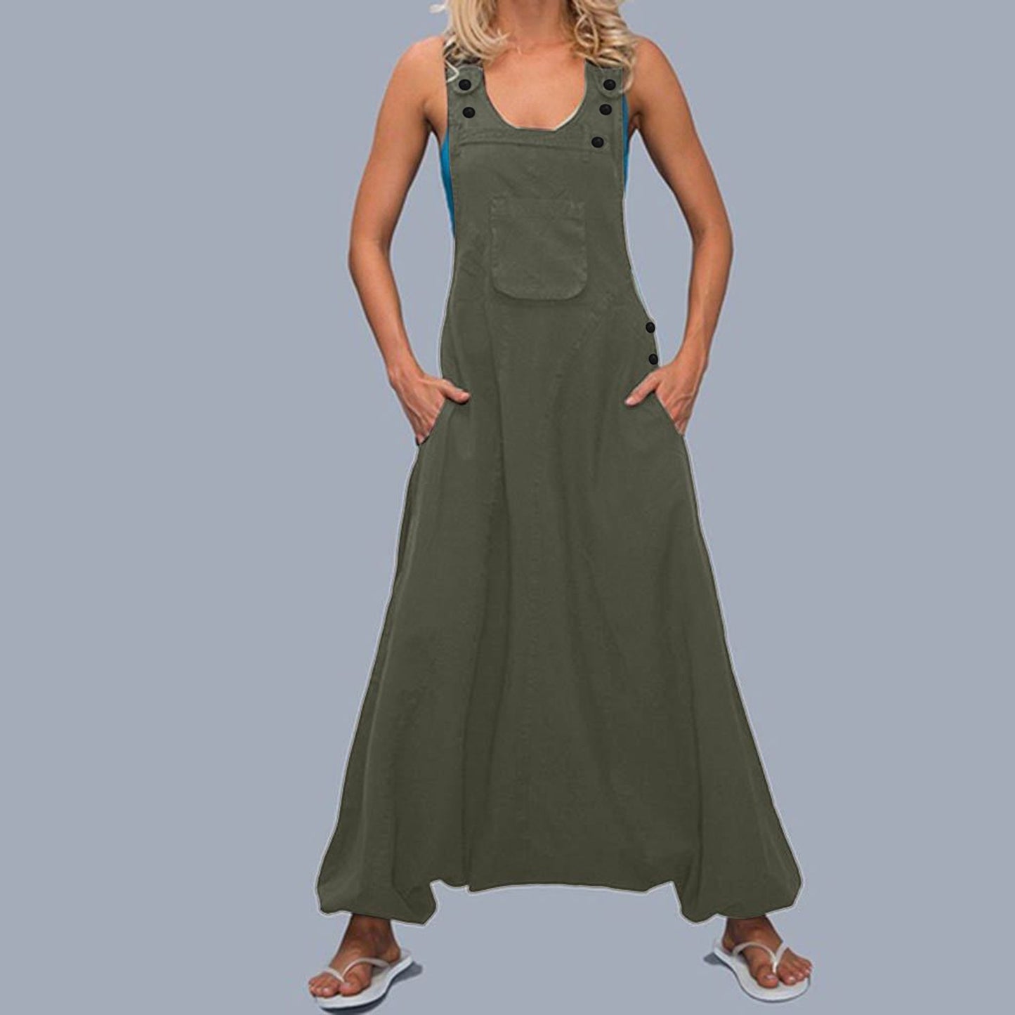 Woman wearing Wide Leg Harem Jumpsuit with Pockets in a sunny outdoor setting