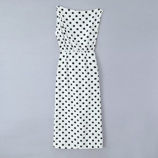 Slanted Shoulder Polka Dot Patchwork Dress | Tajstylo