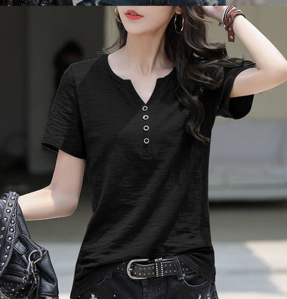 Loose Plus Size V-Neck Short Sleeve Casual T-Shirt | Tajstylo