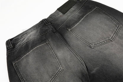 Distressed Black Washed Denim Straight Leg Pants | Tajstylo