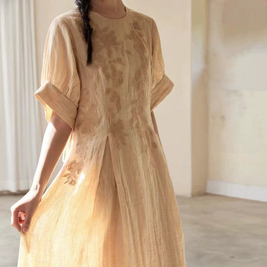 Loose Tie-Up Dress with Hand-Painted Embroidery | Tajstylo