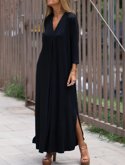 Woman wearing V Neck Three Quarter Sleeve Knit Dress in a stylish urban setting