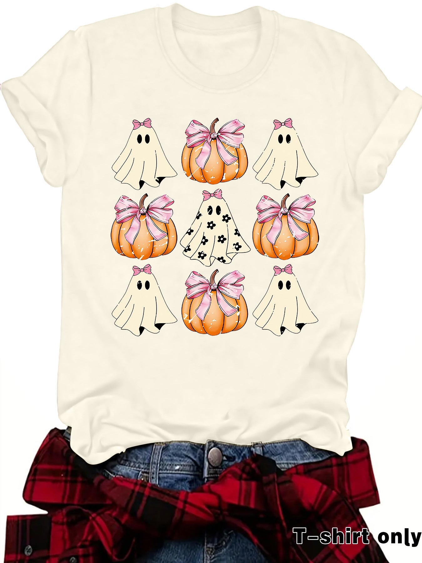 Woman wearing Funny Coquette Bow Pumpkin T-Shirt in a casual setting