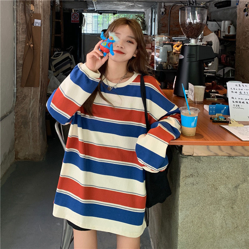 Casual Loose Stripe Long Sleeve T-Shirt | Tajstylo