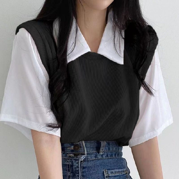 Woman wearing Two Tone Polo Neck Short Sleeve Top in a casual setting