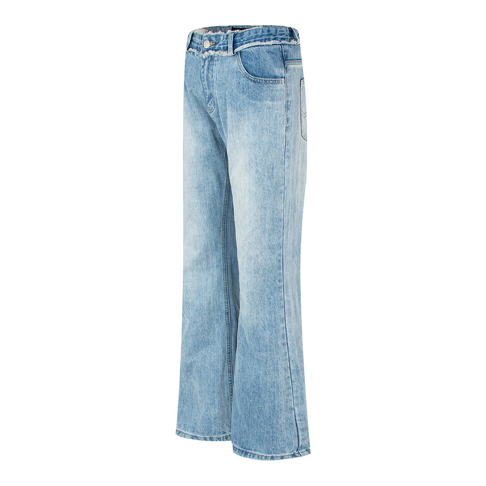 Woman wearing Distressed Loose Fit Straight Leg Jeans in a casual setting