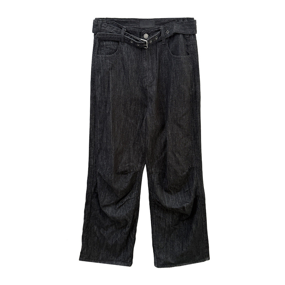 Woman wearing Raw Denim Faux Belted Straight Leg Jeans in a casual setting