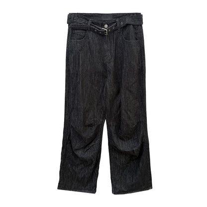 Woman wearing Raw Denim Faux Belted Straight Leg Jeans in a casual setting