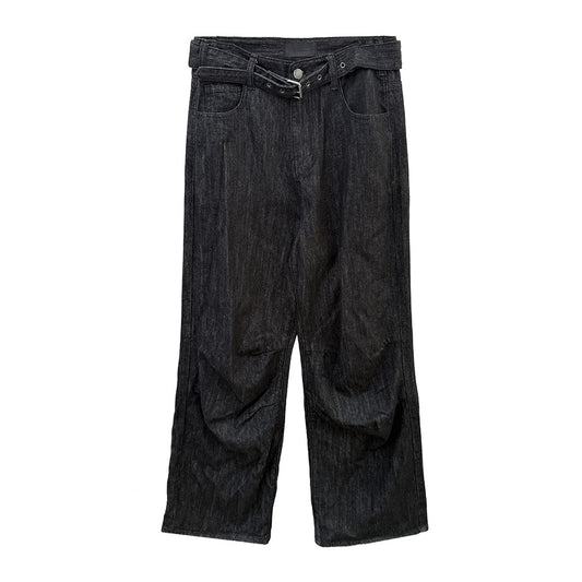 Woman wearing Raw Denim Faux Belted Straight Leg Jeans in a casual setting