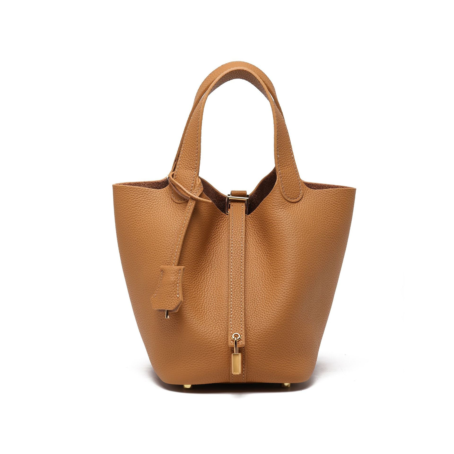 Women's Top Grain Cowhide Leather Bucket Bag – Model View | TajStylo