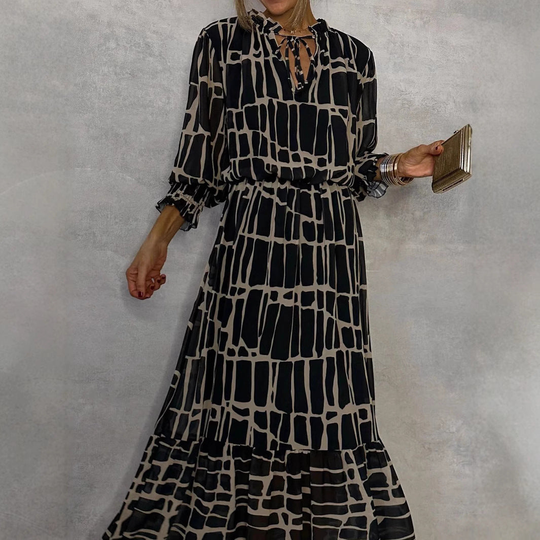 Woman wearing Women's Striped Flared Maxi Dress in an autumn setting