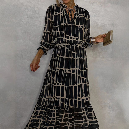 Woman wearing Women's Striped Flared Maxi Dress in an autumn setting