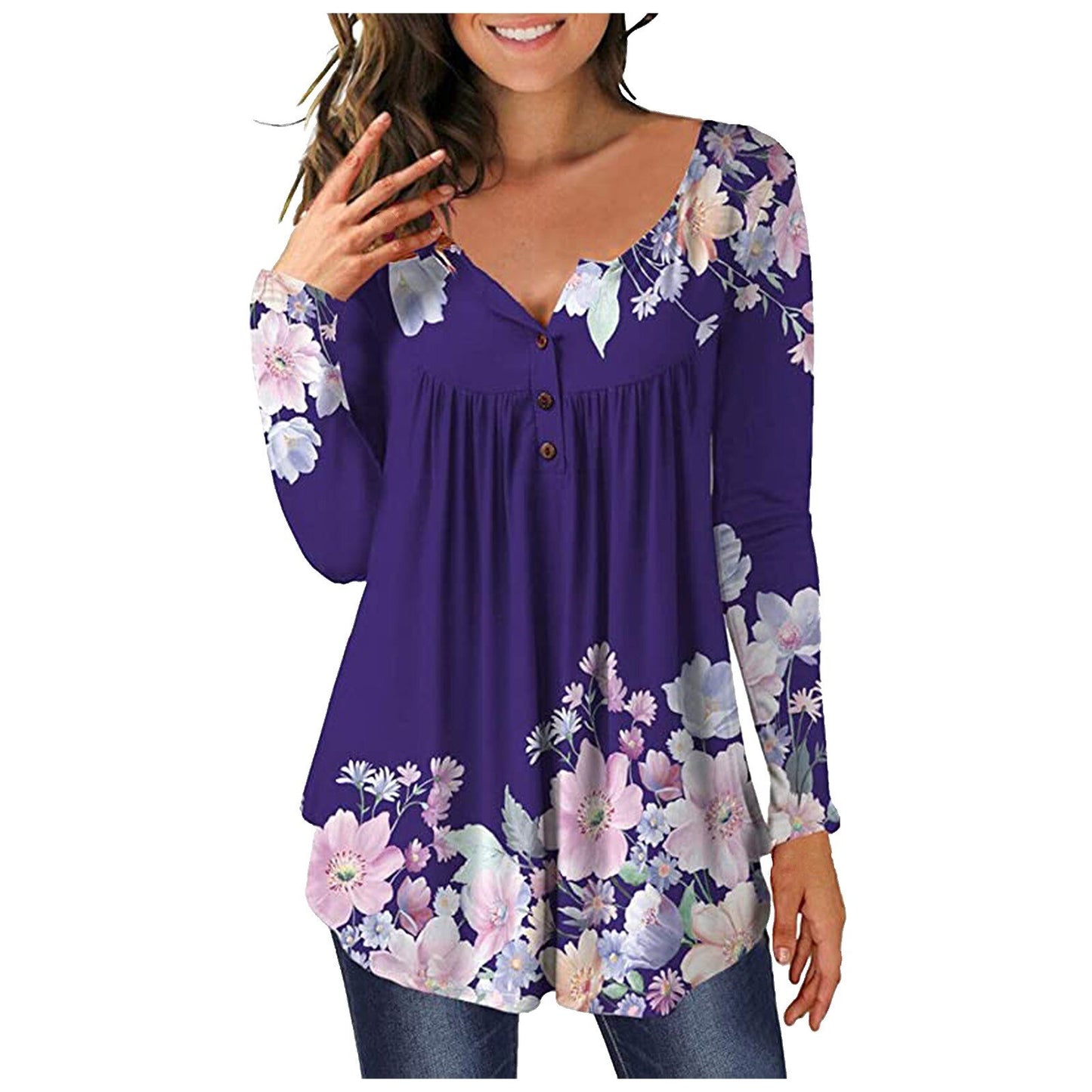 Woman wearing Floral Printed Tunic Shirt in a spring setting
