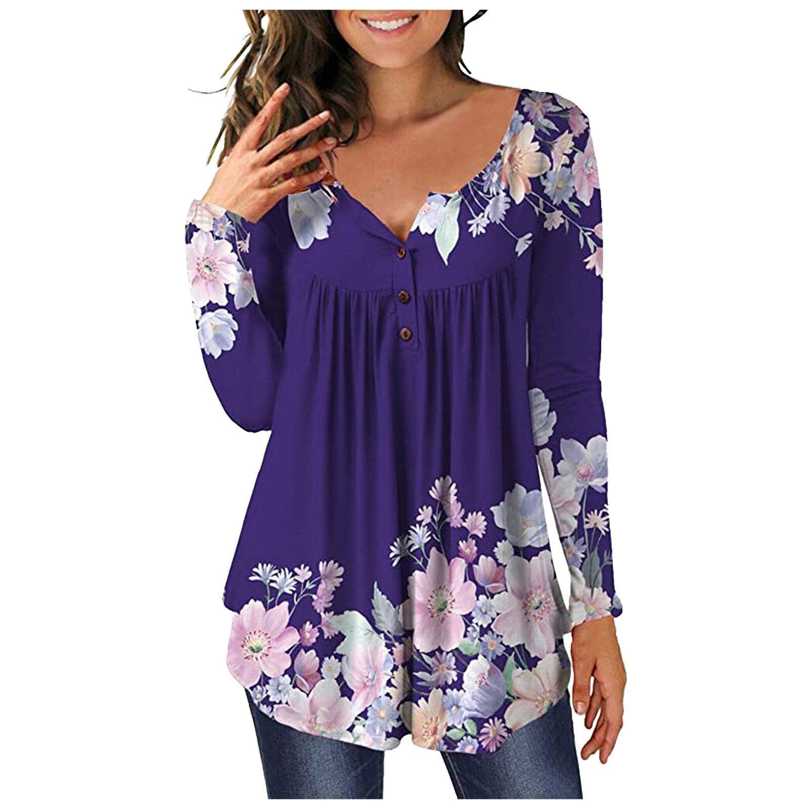 Woman wearing Floral Printed Tunic Shirt in a spring setting