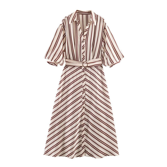 Striped Midi Dress with Belt | Tajstylo