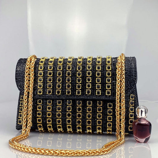 Women's Elegant Rhinestone Chain Strap PU Clutch Evening Bag – Front View | TajStylo