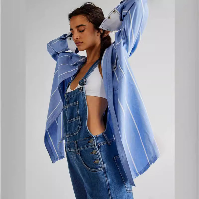 Woman wearing Strap Denim Pants in a casual setting