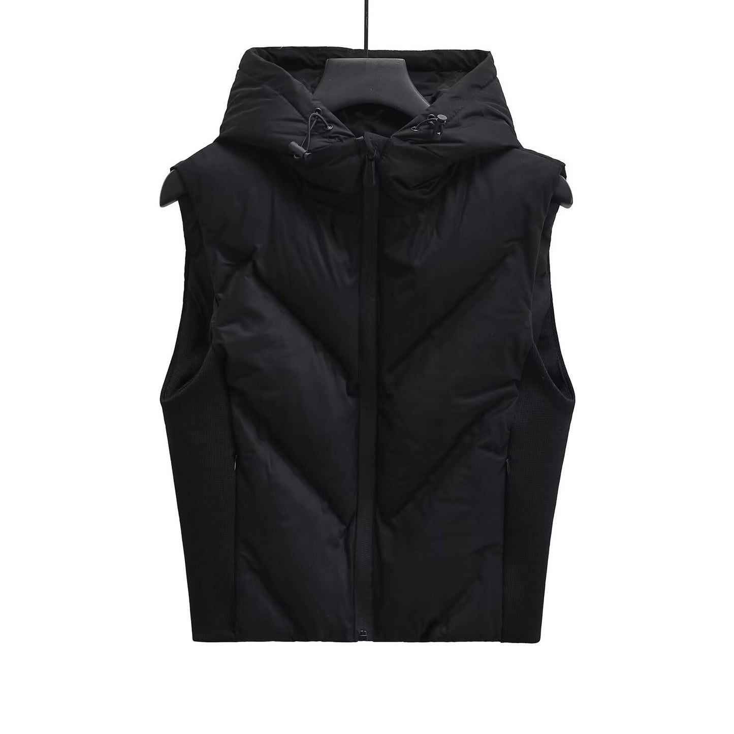 Woman wearing Street Laminated Hooded Vest Jacket in an urban setting