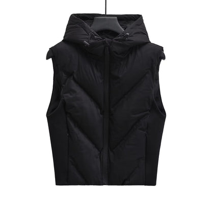 Woman wearing Street Laminated Hooded Vest Jacket in an urban setting