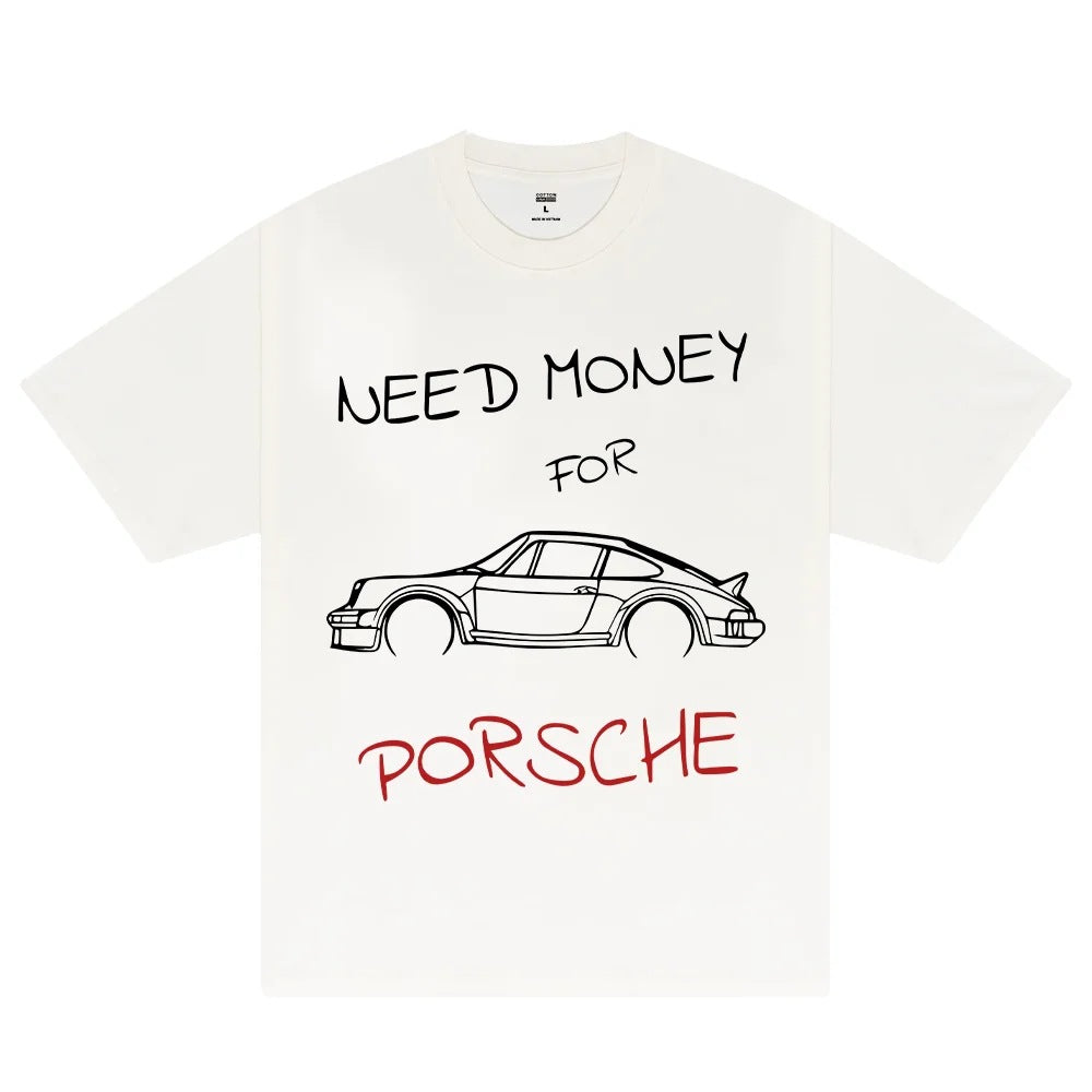 Woman wearing Need Money for Porsche Graphic T-shirt in casual setting