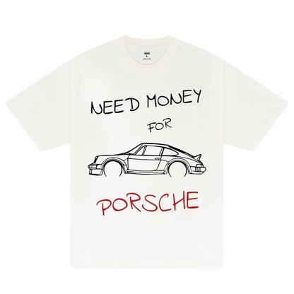 Woman wearing Need Money for Porsche Graphic T-shirt in casual setting