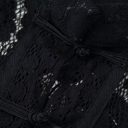 Buckle Embellished Lace Crochet Stand Collar Slim Fit Shirt | Tajstylo
