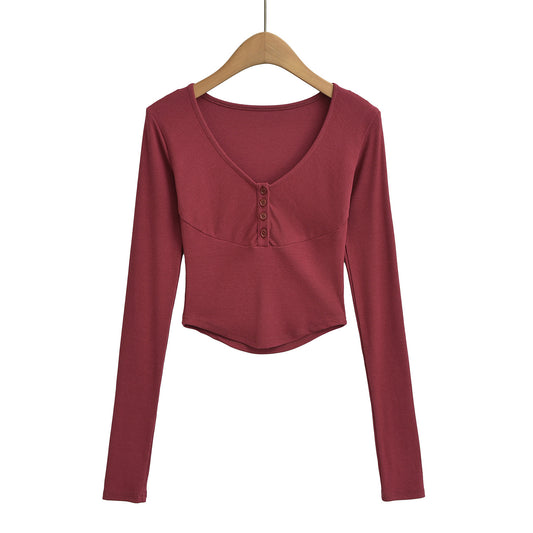 Woman wearing V-Neck Slim Fit Long Sleeve Casual Top in a casual setting