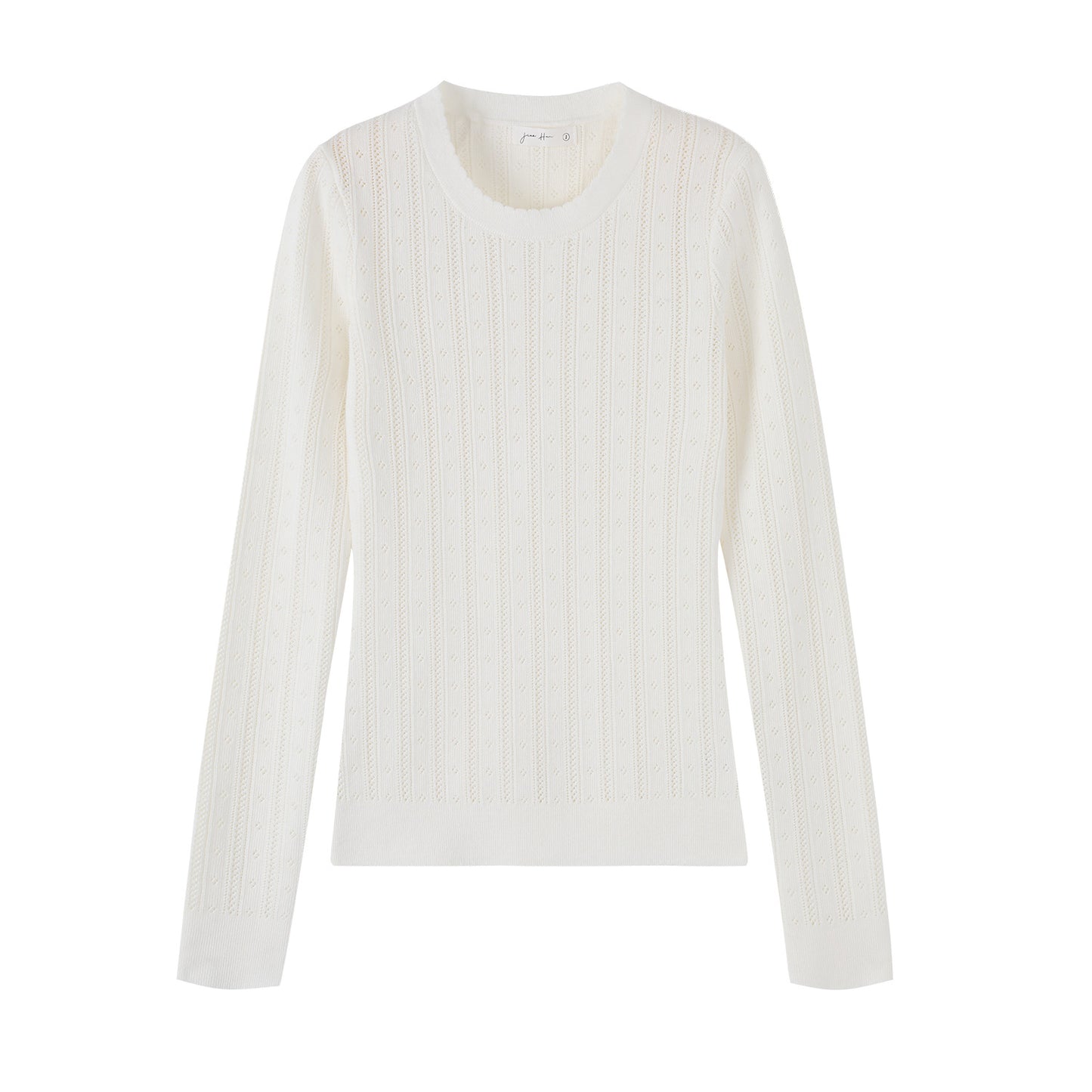 Woman wearing Hollow-Out Round Neck Long Sleeve Knit Top in a stylish setting