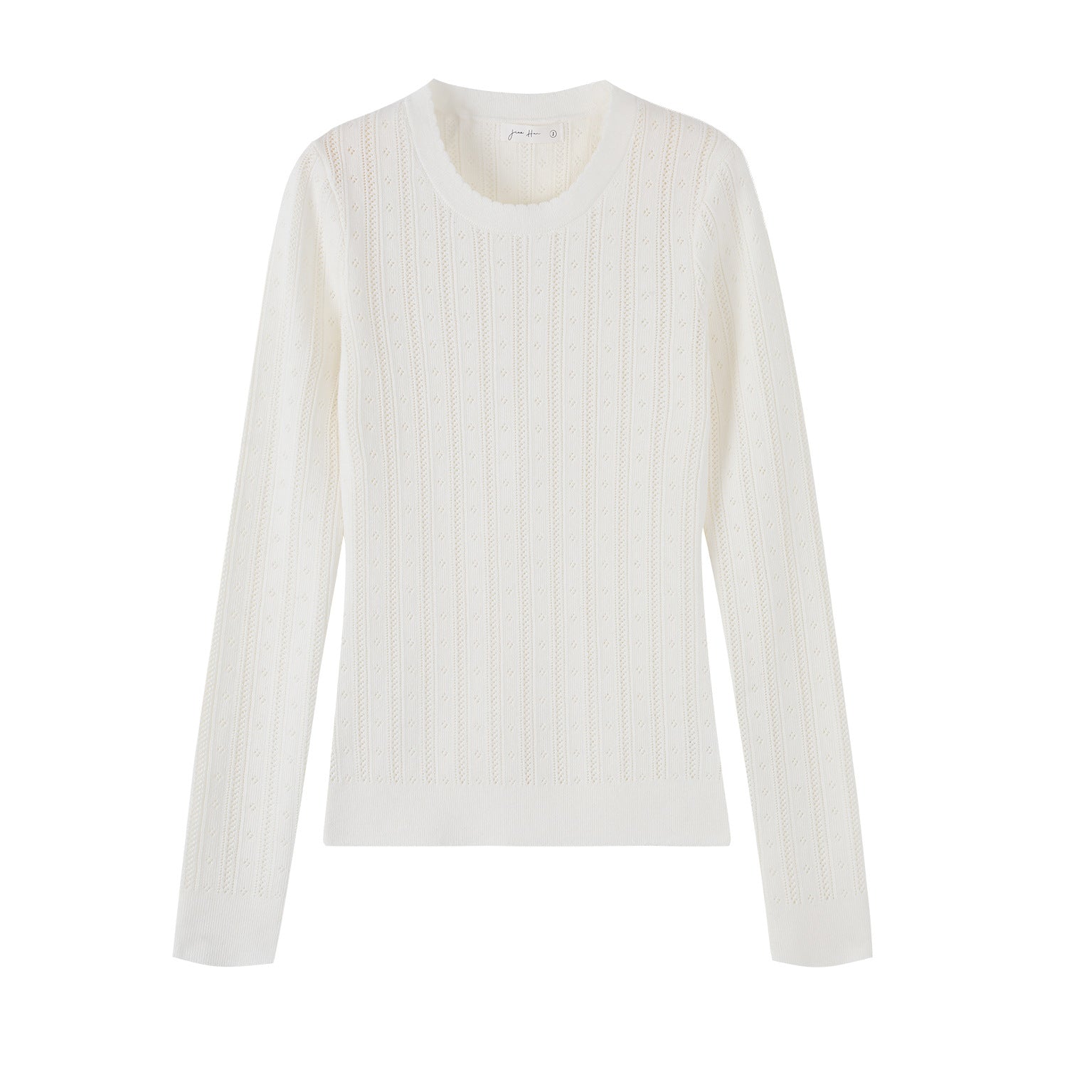 Woman wearing Hollow-Out Round Neck Long Sleeve Knit Top in a stylish setting