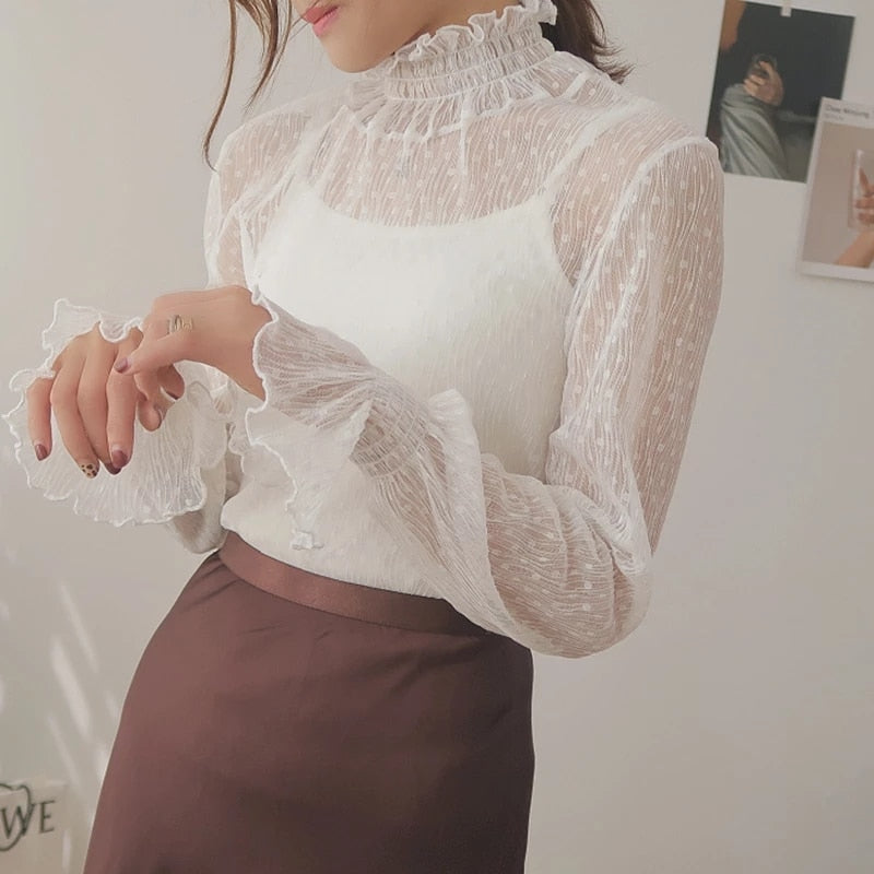 Woman wearing Transparent Korean Lace Blouse in a casual outdoor setting
