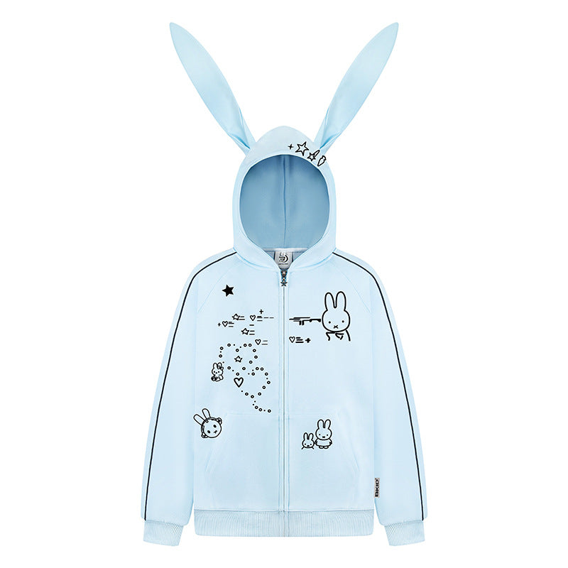 Woman wearing Embroidery Long Ear Hooded Zip-Up Hoodie in casual street setting