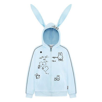 Woman wearing Embroidery Long Ear Hooded Zip-Up Hoodie in casual street setting