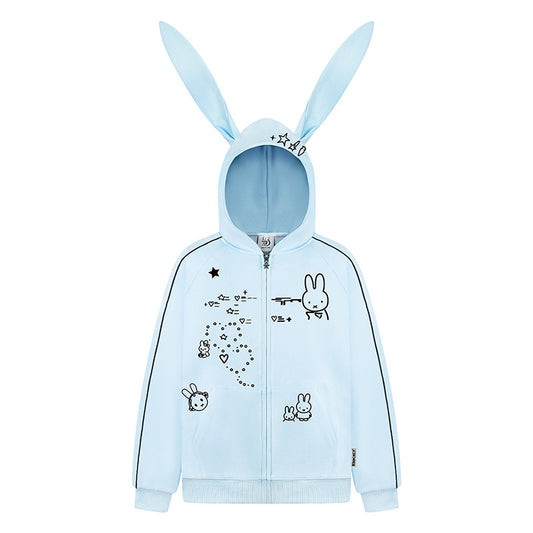 Woman wearing Embroidery Long Ear Hooded Zip-Up Hoodie in casual street setting