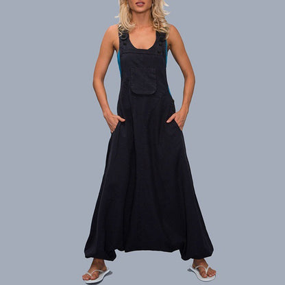 Woman wearing Wide Leg Harem Jumpsuit with Pockets in a sunny outdoor setting