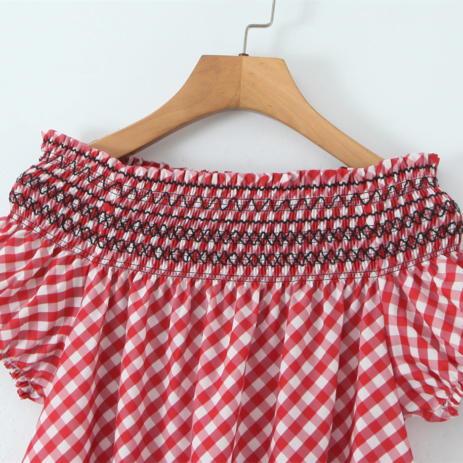 One-Shoulder Red Plaid Midi Dress | Tajstylo