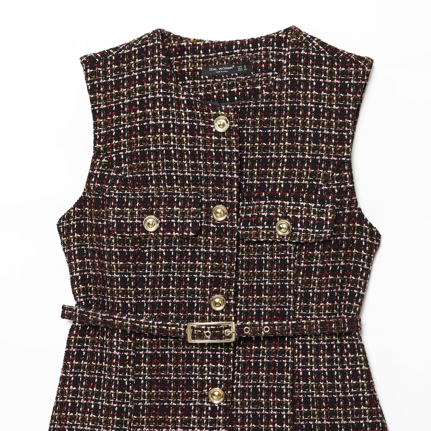 Woman wearing Plaid Belted Textured Vest in a stylish setting
