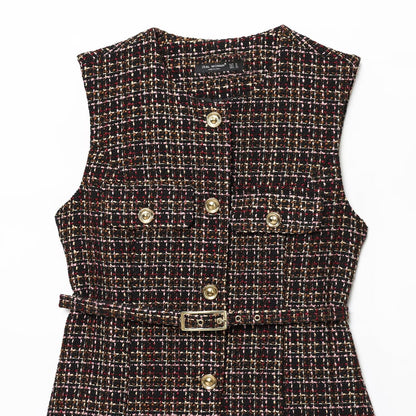 Woman wearing Plaid Belted Textured Vest in a stylish setting