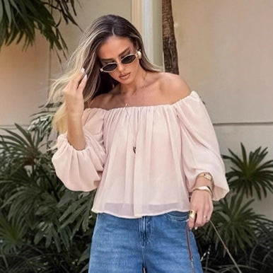 Woman wearing One Shoulder Chiffon Top in an office setting