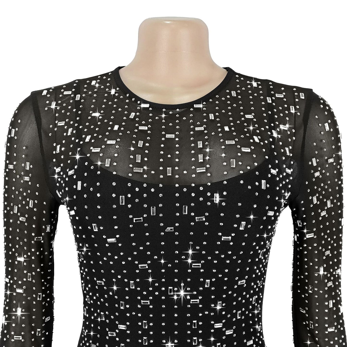 Sexy Mesh Rhinestone Bodycon Mini Dress | Tajstylo