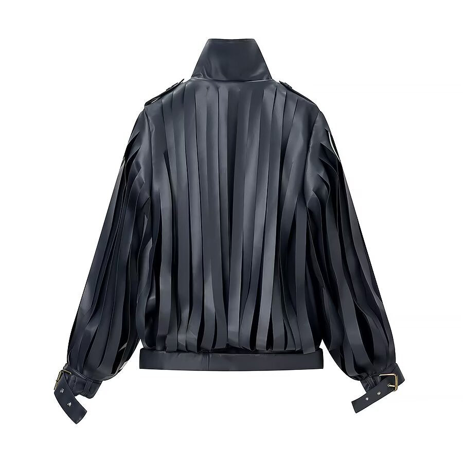 Woman wearing High Neck Long Sleeve Flowing Suede Jacket in a stylish urban setting