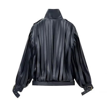 Woman wearing High Neck Long Sleeve Flowing Suede Jacket in a stylish urban setting