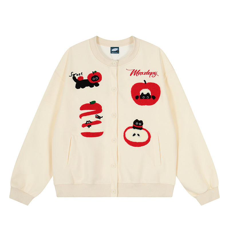 Woman wearing Embroidery Stand Collar Baseball Jacket in a casual outdoor setting