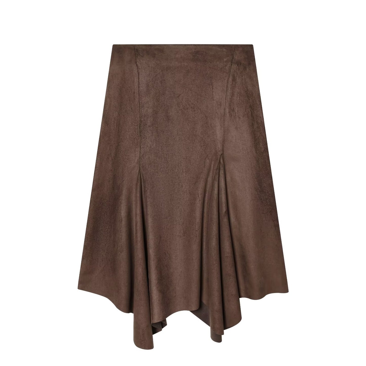 Woman wearing Asymmetric Suede Effect MIDI Skirt in a casual setting