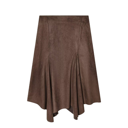 Woman wearing Asymmetric Suede Effect MIDI Skirt in a casual setting