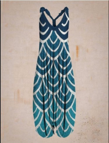 Woman wearing Printed Sleeveless Loose Knit Overalls in a city setting