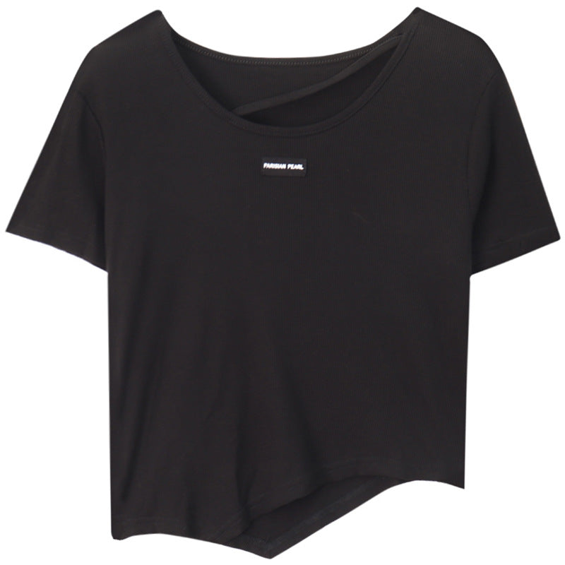 Woman wearing Irregular Design Short Sleeve Crop Top in casual setting